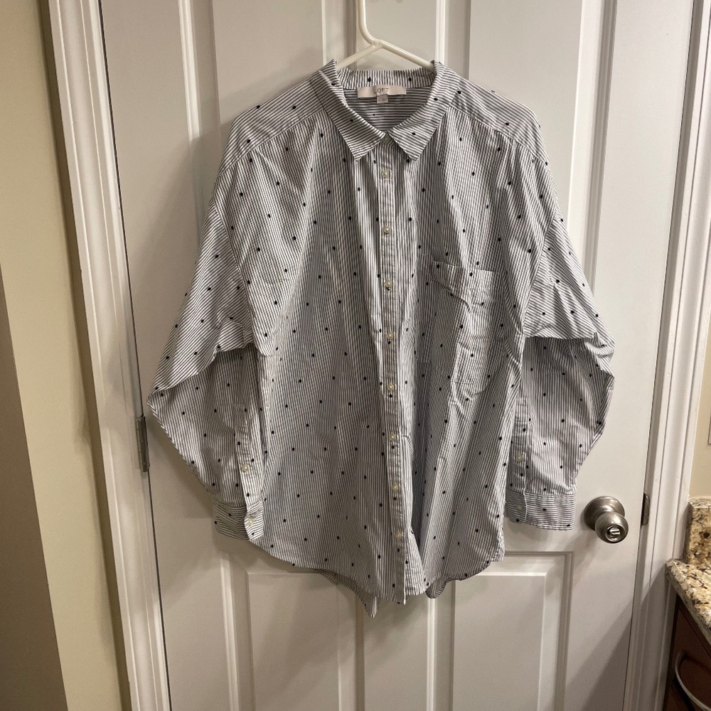 LOFT XL Clip Stripe Oversized Everyday Shirt, White Gray Stripe Black Dots